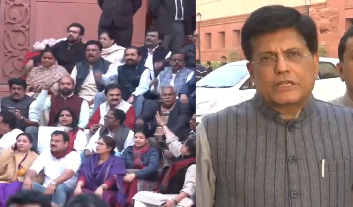 निलंबित विपक्षी सांसदों का संसद के बाहर प्रदर्शन, पीयूष गोयल ने सदन बाधित करने की पूर्व नियोजित रणनीति बताया