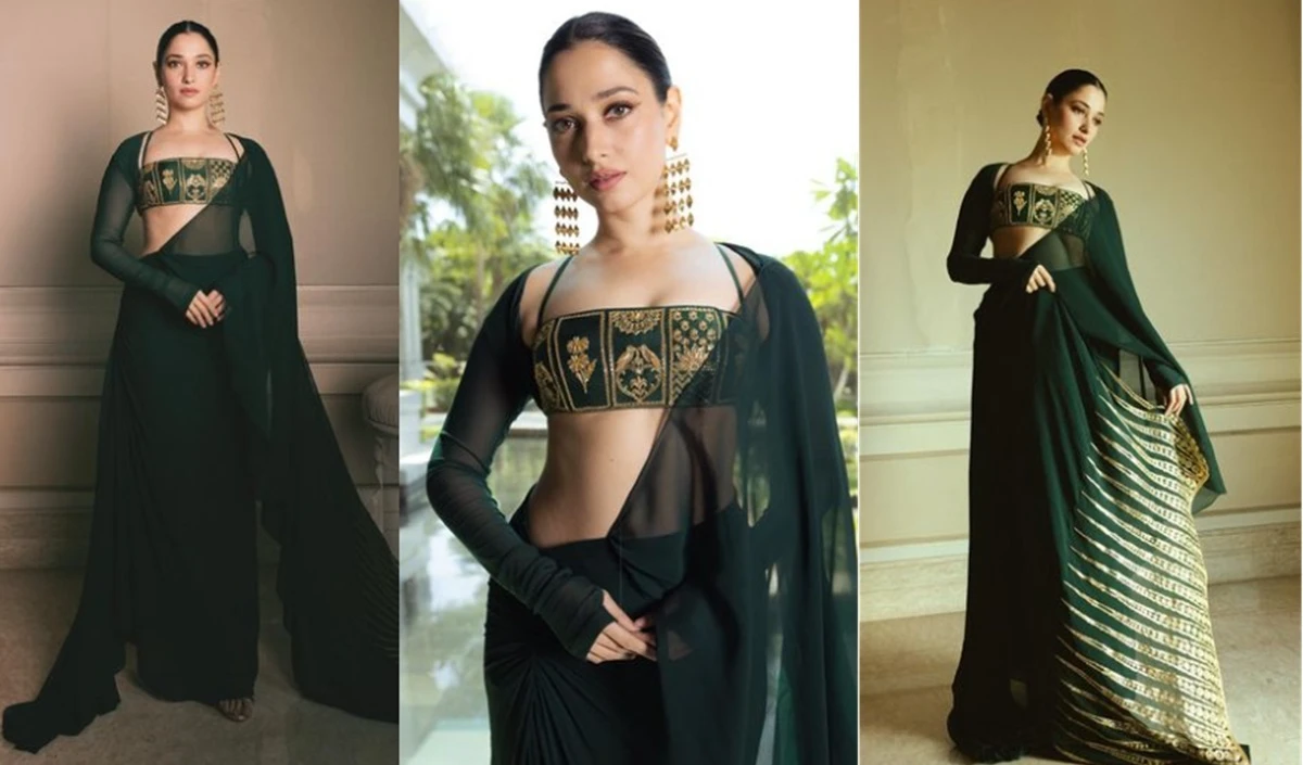 हरे रंग की साड़ी में Tamannaah Bhatia ने इंटरनेट पर बिखेरी हरियाली, ब्लाउज के सुनहरे फूलों पर अटकी लोगों की नजरें | PHOTOS