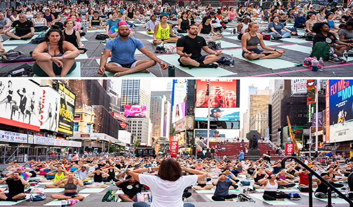 International Yoga Day : न्यूयॉर्क के Times Square पर लोगों ने किया योग