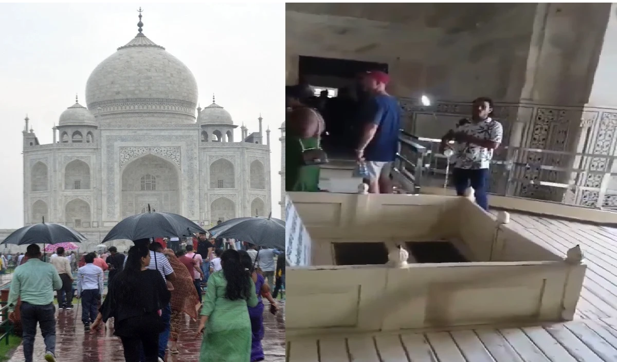 Taj Mahal के मुख्य मकबरे में चढ़ाया गंगाजल, लगाई ओम का स्टीकर भी चिपकाया, लगाए हर हर महादेव के नारे