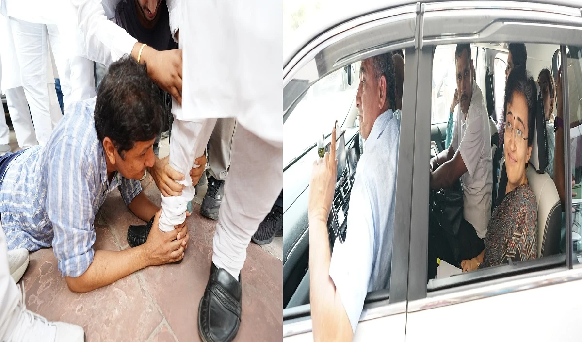 मार्शल बहाली पर दिल्ली में राजनीतिक ड्रामा, विजेंद्र गुप्ता की कार में बैठकर राजभवन पहुंचीं आतिशी, सौरभ ने पकड़े BJP विधायकों के पैर