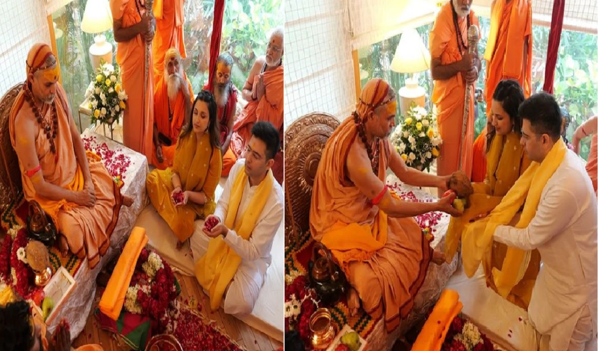परिणीति चोपड़ा और राघव चड्ढा ने स्वामी अविमुक्तेश्वरानंद के घर आने पर लिया आशीर्वाद, देखें फोटो