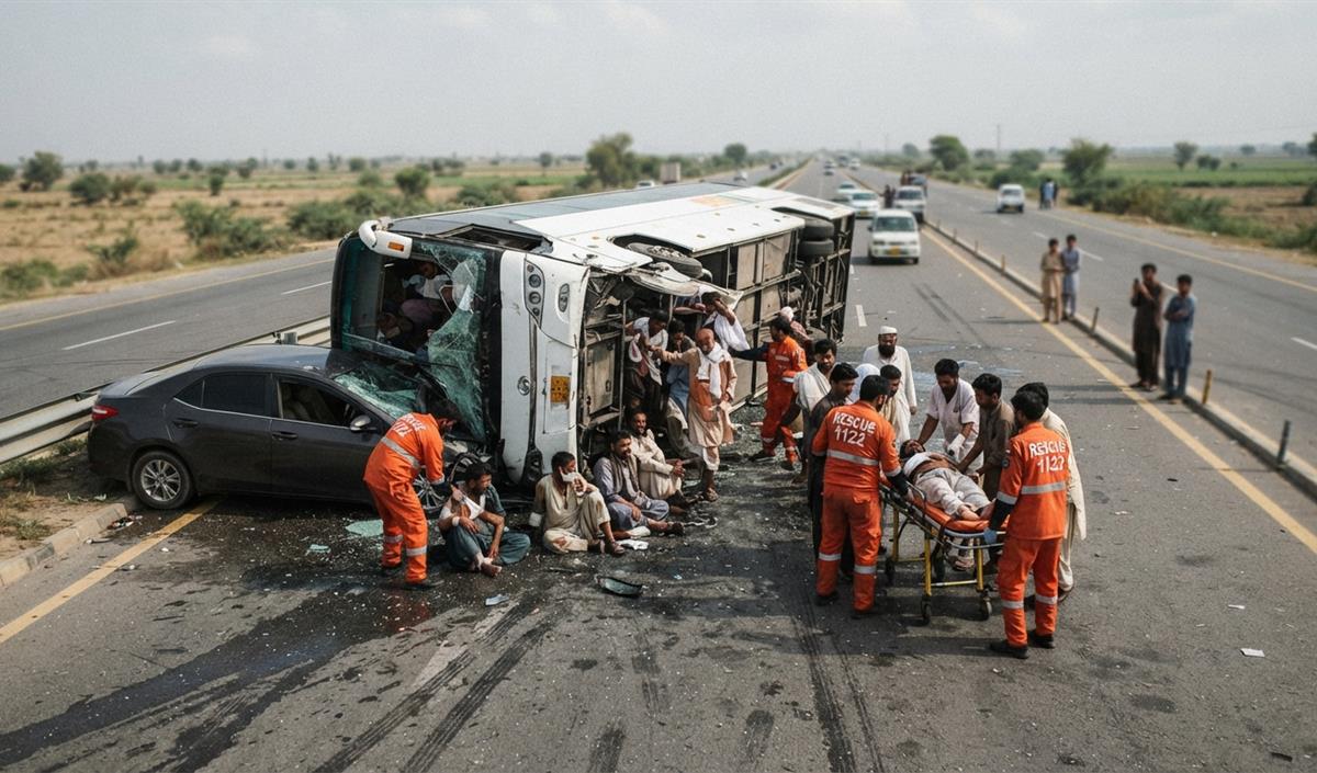 Pakistan में M2 Motorway के पास बस दुर्घटना, 13 लोग घायल और बुनियादी ढांचे पर सवाल